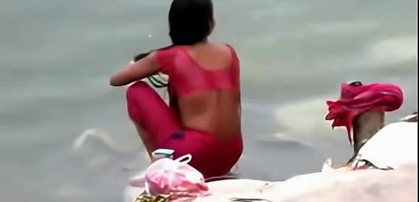  Indian woman bathing in ganges river backless open